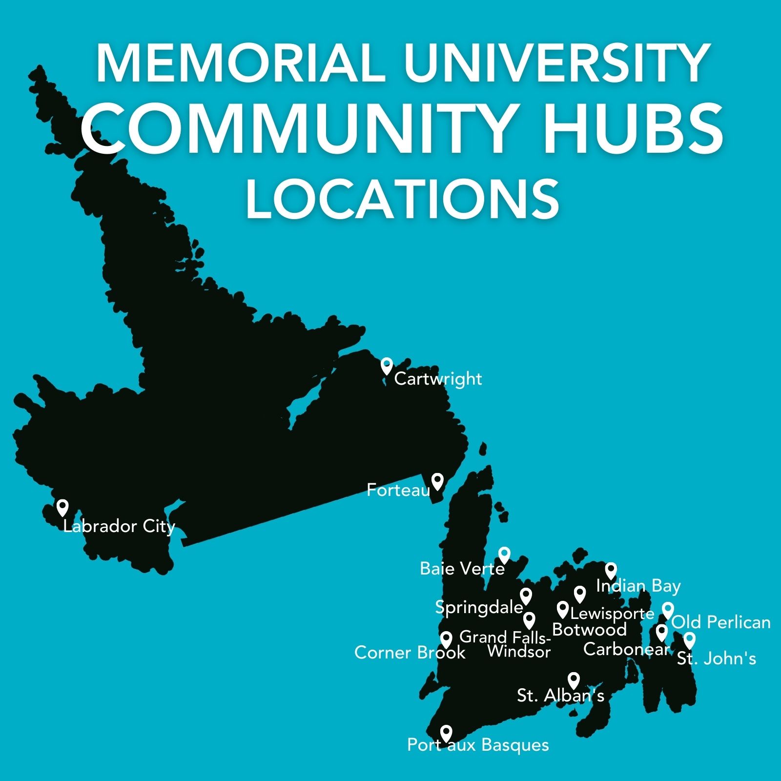 Map of Community Hubs locations in Newfoundland and Labrador